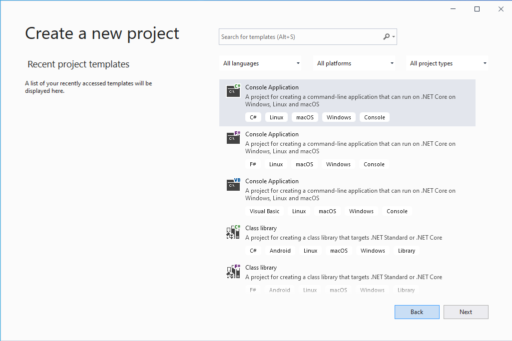 Create a new .NET Core Console Application - project template